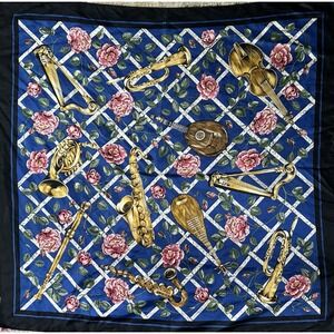 1980s Boston Museum of Fine Arts MFA Musical Instruments Floral Silk Scarf 34x34